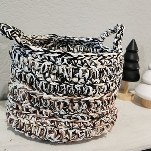 Handmade Black, white, brown, gray, cream crocheted basket